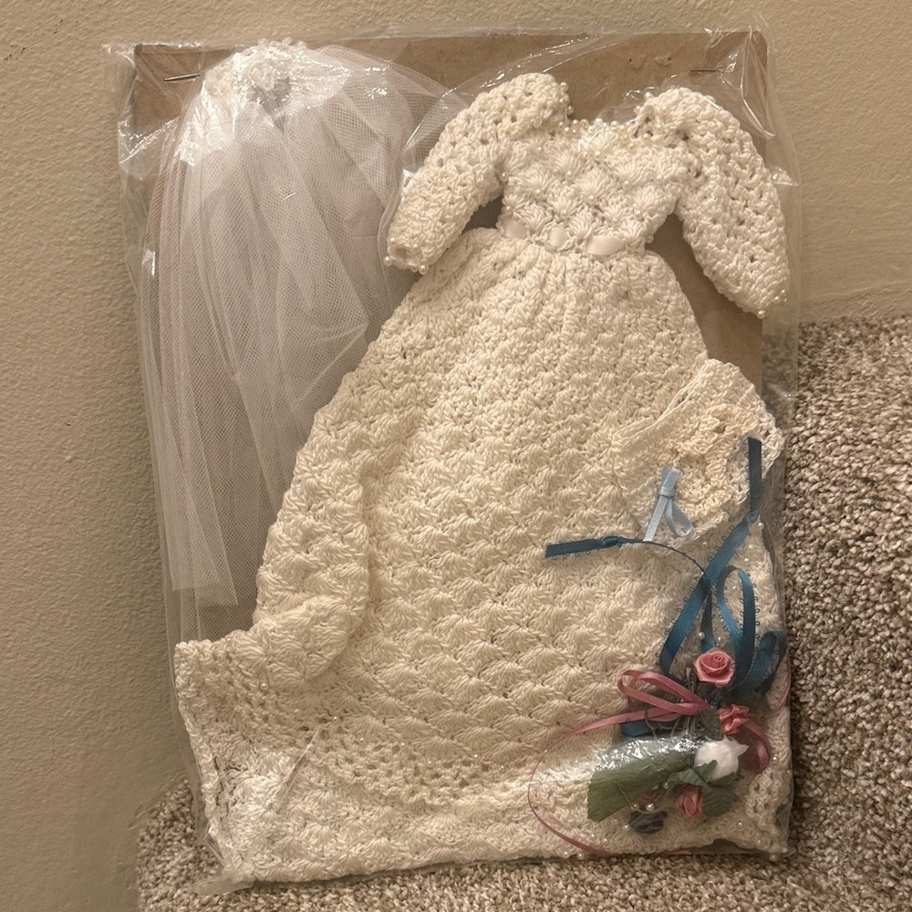 Elegant Cream Crochet Doll Wedding Dress Set